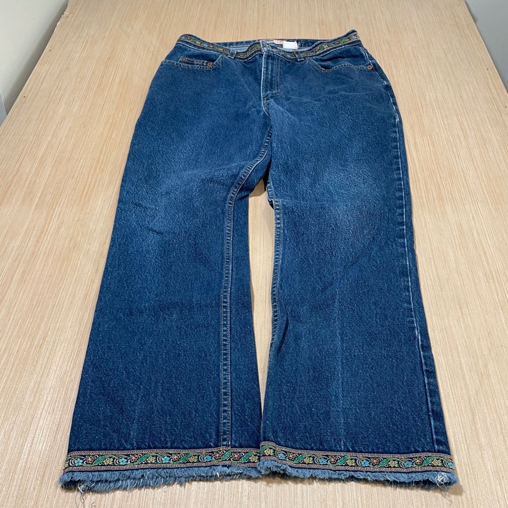 Old Navy Jeans Women Blue Embroidered Trim Wide Leg Vintage 14 Regular